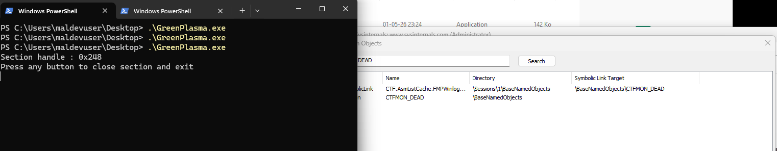Original GreenPlasma.exe: Section handle 0x248 left open, direct cause of 0xC0000035 on the next run